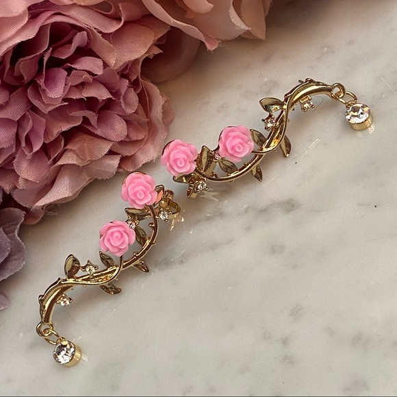 Pink Rose Delicate Leaves & Crystal Earring Cuffs - Picture 8 of 16